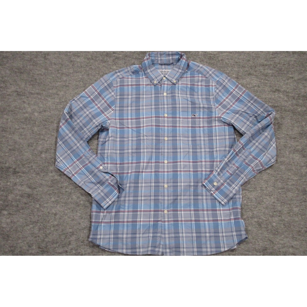 Vineyard Vines Shirt Mens Medium Blue‎ Plaid OTG Performance Stretch Button Down